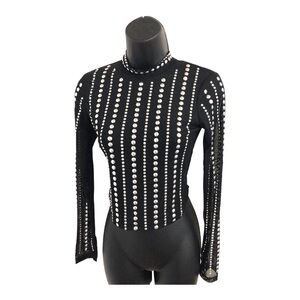 Black silver nail head studded‎ mesh sheer mockneck long sleeve top size small